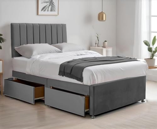 BED TIME UK - Luxe Plush Divan Bed Set | Premium Bed Frame with Spring Memory Foam Mattress & Stylish 20 Vertical Liner Headboard | 2-Drawer Storage (Grey, 3FT Single Bed)