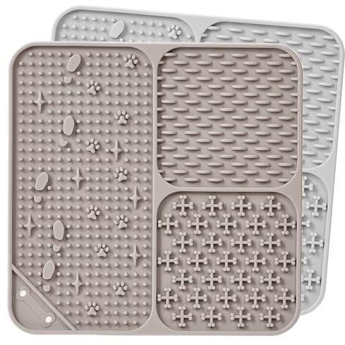Wingcases-Tapis de léchage Chien et Chats 2 Paires, Cadeau Chien, Accessoires, Jouet apaisant pour Animaux, avec Ventouse, pour Bain, entraînement et toilettage, Silicone(Cendre et Beige)