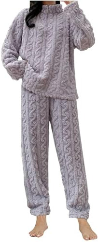 Generico Pigiama Donna Invernale Pile Due Pezzi Morbido e Confortevole Tuta Pile da Casa con Tasche Felpa Manica Lunga e Pantalone Lungo Indumenti da Notte Sleepwear Sets
