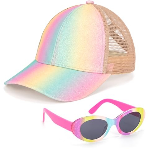BTHRORO Baseballkappe Kinder Sonnenbrille, Regenbogen Baseball Cap Verstellbarer Sonnenhut Polarisierte Sonnenbrille für Jungen Mädchen Geschenke Sommer Sonnenschutz Zubehör