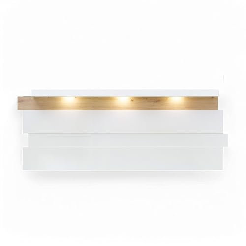 Stella Trading Memphis Wandboard in Weiß, Artisan Eiche Optik - Vielseitig einsetzbares Wandregal mit LED-Beleuchtung - 202 x 93 x 26 cm (B/H/T)