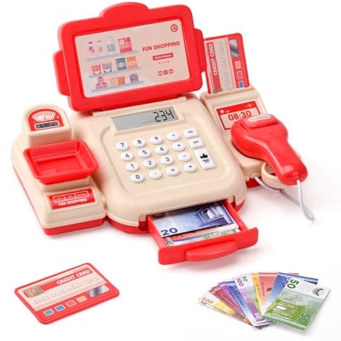 LTFIOON Cassa Giocattolo per Bambini, Registratore di Cassa Giocattolo con Scanner, Soldi Finti e Calcolatrice, Registratore di Cassa Supermercato Giocattolo per Bambina Gioco di Ruolo per bambini 3+
