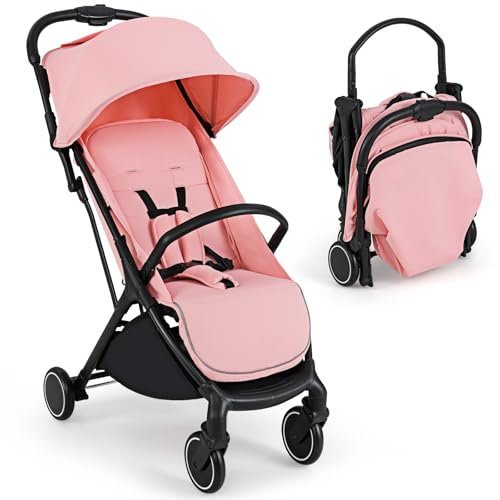 COSTWAY Passeggino Leggero per Bambini, Passeggino da Viaggio con Schienale e Cappotta Regolabile, Ruote con Freno, per Bambini 0-3 Anni (Rosa)