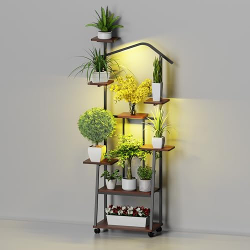 Probapro Pflanzenständer mit Vollspektrum-Pflanzenlicht - 8 Ebenen Pflanzenregal 157cm aus Metall & Holz - Dekorativer Blumenständer für Innen & Außen, Balkon und Garten (mit Rollen)