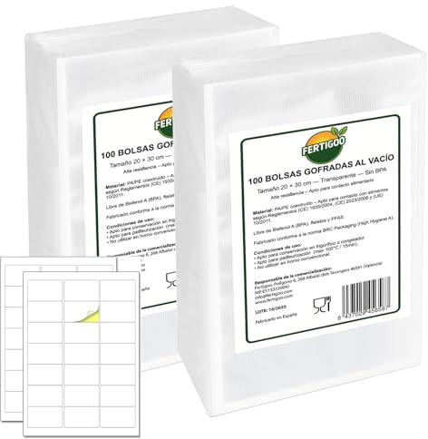 Fertigoo® 200 Bolsas Vacío Alimentos 20x30 cm + 200 Etiquetas | 90 Micras Gofradas | Sin BPA/PFAS/Ftalatos | Certificadas para Contacto Alimentario | Reutilizables y Recortables