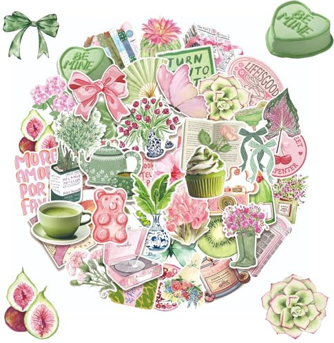 50 Stück Aesthetic Sticker Set, Rosa und Grüne Vinyl Sticker, Wasserfeste Sommerfrische Aufkleber, Blumen Stickers Aesthetic für Laptop, Journal, Helm, Motorrad, Geschenke für Leseratten