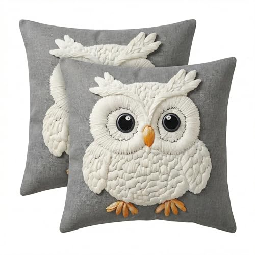 Kissenbezug 40x40 Leinen Eule 2er Set, ausdrucksstarke Deko für alle Zimmer | Doppeltes Set aus atmungsaktivem Leinen, komplette Raumaufwertung, Geschenkset
