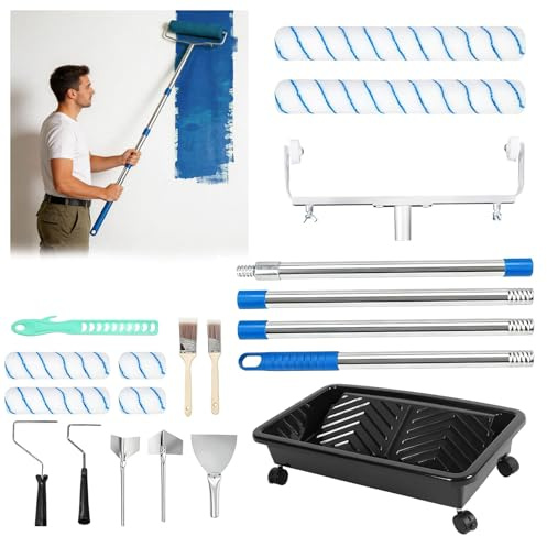 18inch Paint Roller Set, 20Pcs Complete Paint Roller Kit, Paint Roller Tray with Wheels, 4Pcs 42cm Extension Pole, 2 Brushes, Adjustable Roller Frame, Long Paint Roller for Walls and Ceilings