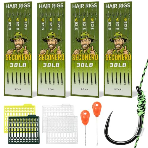 Seconero 30 Stück Karpfenangeln Haar-Rigs, Gebogen Karpfen Haken | Angelhaken mit vorfach, Geflochtener Karpfen Angelhaken Zubehör mit Boilie Rig Karpfen Vorfach, 4 Boilie-Stoppers, Ködernadel