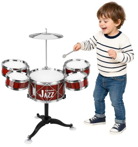 Batteria per Bambini Batteria Jazz Drum Set Batteria Giocattolo per Bambini Mini Drum Set Strumenti Musicali con 5 Tamburi 1 Piatto 2 Bacchette Strumento Musicale a Percussione Educativo (C)