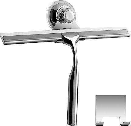Zindoo Duschabzieher, Abzieher Dusche Edelstahl Fensterabzieher mit Besonderes Saughaken für Wand Aufhängung,White Silikon-Wischlippe ideal für Badezimmer Spiegel Fenster Glasreinigung