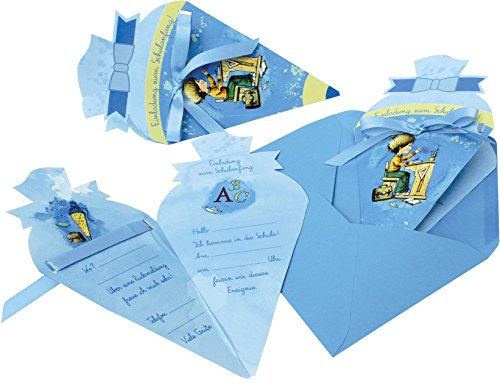 ROTH Einladungskarte Schultüte, 4er Blister, Blau, 10,5 x 20 cm, Einschulung