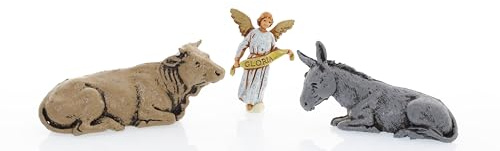 Moranduzzo Ochse, Esel und Engel Gloria für 6,5 cm Krippe – MINI 6,5 – Maßstab 1:30 – Unzerstörbare handbemalte Figuren, Bildhauer M. Landi, Made in Italy