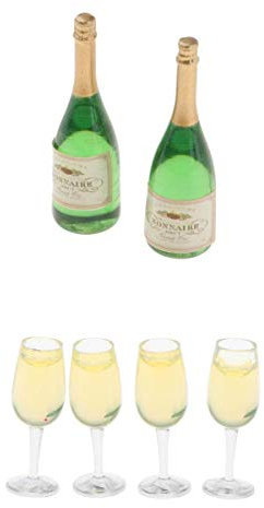 MagiDeal 2 Bunt Wein Flaschen Glasflaschen + 4 Weinglas, 1/12 Puppenhaus Deko