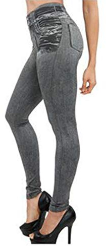 Aventy Thermal Fleece Lined Denim Jeggings - Women's High Waist Thick Stretchy Printed Look Ripped Skinny Legging Pants (Gray, S)