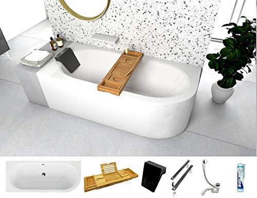 ECOLAM® Badewanne Eckwanne Eckbadewanne für Zwei Modern Design Acryl weiß Avita 160 x 75 cm LINKS + Schürze + Bambus Ablage + schwarze Kopfstütze, Ablaufgarnitur Ab- und Überlauf Automatik