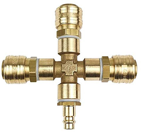 Druckluftverteiler 3-fach mit Kupplungen, Kupplungsstecker & Dichtung Druckluftweiche 1/4 Zoll mit 3x Kupplungsdosen & Stecknippel NW 7,2 Luftweiche X Verteiler