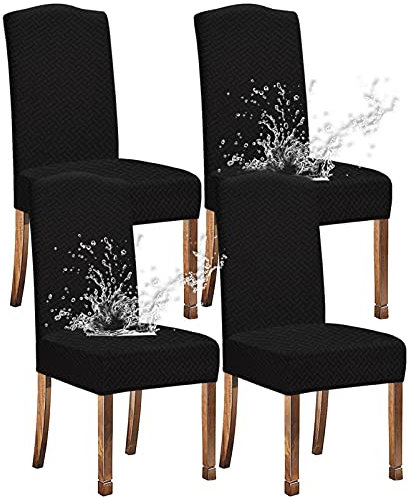 KELUINA Stretch wasserdichte Jacquard mit langem Gitter Esszimmer Stuhlhussen Home Decor, Stuhlhussen für Esszimmerstühle(Schwarz,4 Stück)