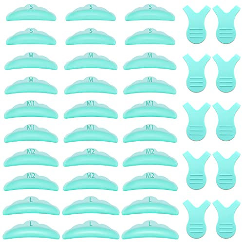 VEGCOO 40 Pcs Set d’Outil de Cils en Silicone, 30 Pcs 5 Tailles Tampon Recourbe-Cils Réutilisable Coussin en Silicone et 10 Brosses à Cils en Forme de Y pour Extension De Cils/Beauté Maquillage