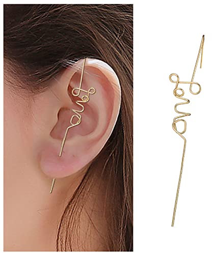 Andelaisi Letter Love Ear Cuff Wrap Earrings Gold Crawler Hook Piercing Jewelry for Women and Girls