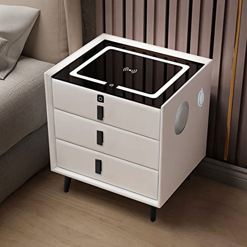 DWLOMHE Smart Bedside Table with 3 Drawers, USB, Three-color light, Wireless Charging Port and Fingerprint lock, bluetooth speaker Side Table, for Bedroom and Living Room (off white)