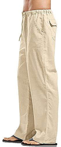 YAOHUOLE Mens Linen Pants Casual Loose Fit Drawstrings Elasticated Waist Lightweight Yoga Pants Khaki XL