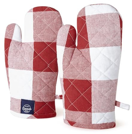 Encasa XO Long 18x30 cm Oven Microwave Hand Gloves Mitts (2 pc set) for Kitchen Cooking & Baking - Heat Resistant, Thick & Safe, Protection of Hands from Hot Utensils, Grill - Buffalo Red Checks