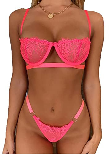 VicSec Floral Lace Lingerie Set for Women Sexy Bra and Knickers Underwear Set Push Up Half Cup See Through Nightwear with Thongs G-Strings High Waisted Eyelash Lacy Rose Red