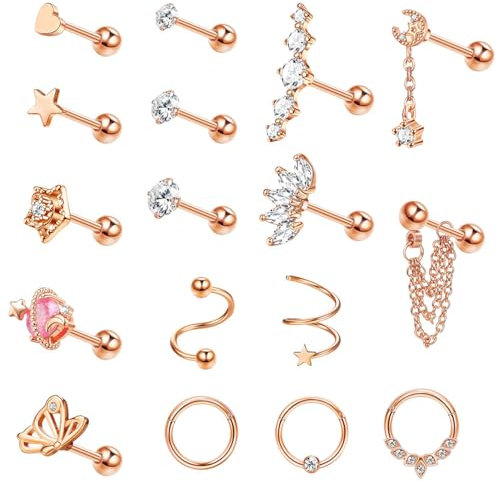 KALVICA 17Pcs Boucles D'oreilles Acier Inoxydable Femme Piercing Tragus Labret Conch Piercing Helix Acier Chirurgical Hypoallergénique CZ Piercing Nez 16G Argent Or Or Rose(RG)