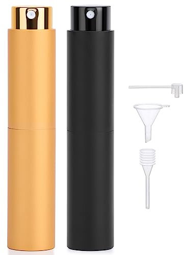 Segbeauty Atomizador Perfume Recargable, Pulverizador Perfume, 2 Piezas Spray de Perfume Portátil 10ml, Botella de Perfume Viaje para Mujeres, Hombres (Negro, Oro)