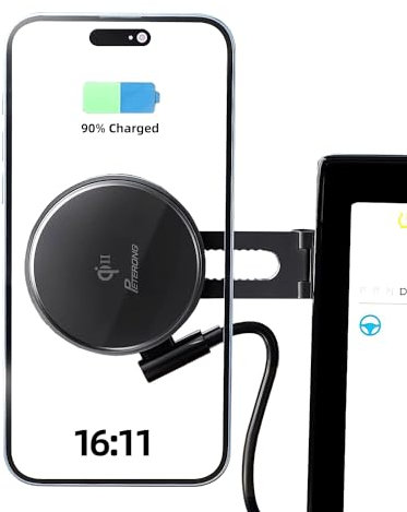PETERONG Qi2 Wireless Car Phone Charger Mount Compatible with MagSafe for Tesla Model 3/Y, 15W Fast Charging Car Phone Holder Foldable Invisible Cradle Sticky Adhesive 360° for iPhone 16/15/14/13/12