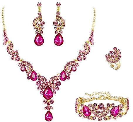EVER FAITH 4 Stück Schmucksets für Damen Party Hochzeit Braut Strass Kristall floralen Welle Teardrop Halskette baumeln Ohrringe Armband Ring Set Hot Pink Gold-Tone
