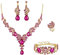 EVER FAITH 4 Stück Schmucksets für Damen Party Hochzeit Braut Strass Kristall floralen Welle Teardrop Halskette baumeln Ohrringe Armband Ring Set Hot Pink Gold-Tone