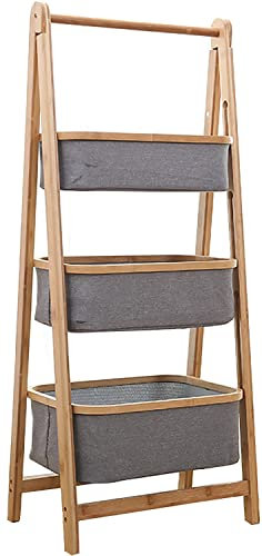 Shelf Folding Laundry Basket Sorter - Bamboo Laundry Hamper Collapsible - Standing Bathroom Storage Tower Shelf - Small Ladder Organizer Shelving Corner Stand Unit For Bedroom Laundry Room (