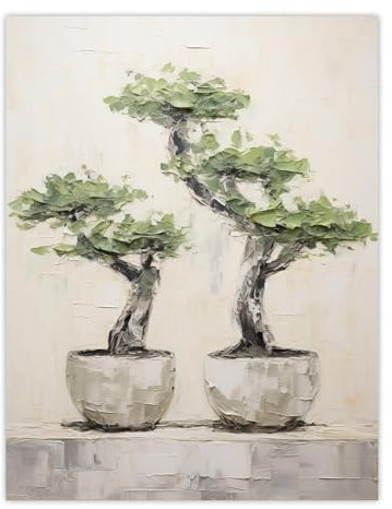 Artery8 Japanese Bonsai Trees In Pots Oil Painting Pallet Knife Neutral Tone Textured Tree Artwork Extra Large XL Wall Art Poster Print