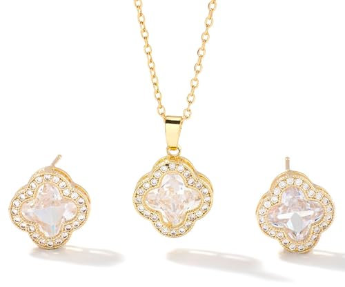 Gkaopi Vierblättriges Kleeblatt Schmuckset für Damen und Mädchen Anhänger Halskette Ohrstecker Hypoallergen Schmuck Set Verstellbarer Ketten Lucky Jewelry