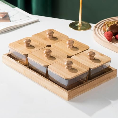 Vassoio per snack, vassoio da portata diviso con coperchio, vassoio per frutta per feste, può essere diviso con 4/6 griglie, con coperchio e vassoio in legno di bambù, per salse, frutta, frutta secca