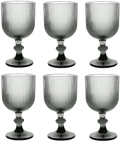 6er-Set Geriffelte Trinkgläser und Weingläser, Line, Linie Geriffelt, Ribbed, Glas, Longdrinkgläser, Cocktail Gläser mit Prägung, Trinkglas, Weinglas, Wasserglas (Grau Weinglas)
