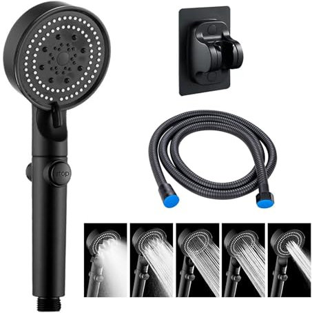 JurciCat Ducha Baño Cabezal Ducha Con Manguera De 1,5 M Con Rociador 6 Modos De Rociado Cabezal Ducha Mango Ducha Alta Presión Soporte Sin Taladrar(Negro)