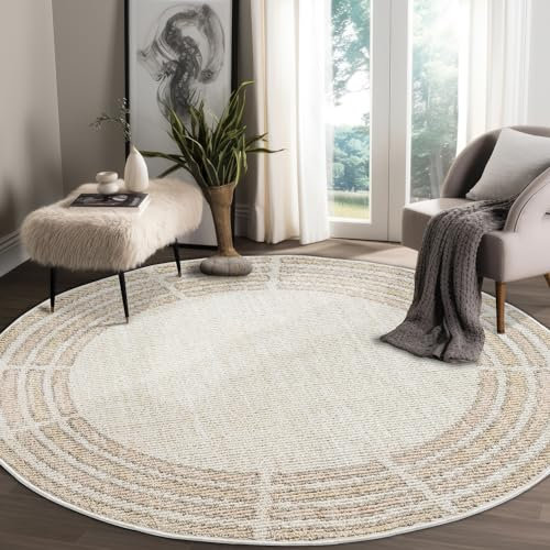payé Teppich Rund - 200x200cm - Beige Rosa - Bordüre Muster - Boho Frasen Teppiche - Wohnteppich Deko