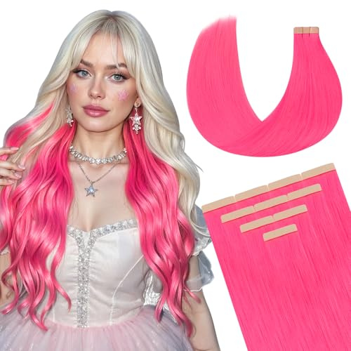 DOORES Tape in Hair Extensions Human Hair, Hot Pink, 18 inches 10pcs 25g, HIGHLIGHT or SUPPLEMENT, Tape Extensions Reusable Soft Silky Straight Weft for Summer Party