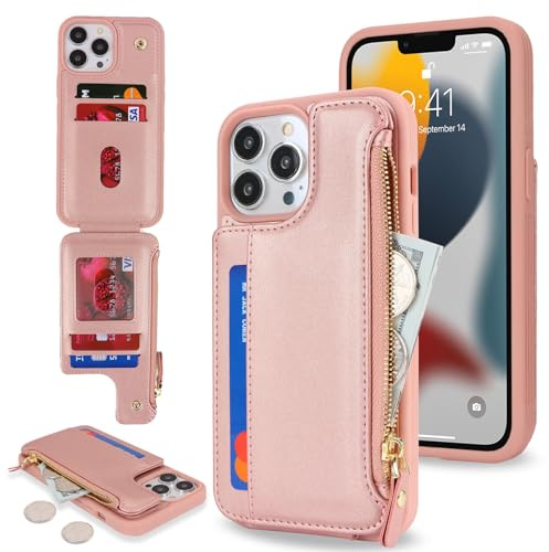 SailorTech for iPhone 12 Pro Max Phone Case with Credit Card Holder for Men, iPhone 12 Pro Max Case with Credit Card Slots Wallet Zipper Case for Women - Rose Gold