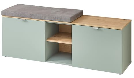Lomadox Schuhbank Flurbank Garderobenbank Bank mit Sitzpolster grün matt Eiche braun modern 128x49,3x37,4 cm