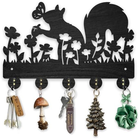 MAYJOYDIY Porte-manteau mural en bois noir avec motif d'écureuil en forme de fleurs d'écureuil pour clés mural 30 x 19 cm - Cadeau décoratif en bois - 5 crochets en alliage pour chambre à coucher,