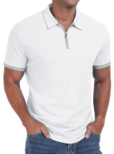 Sailwind Men Polo Shirts for Men Adult Short Sleeve Zip Muscle Fit T Shirts Comfortable Lapel Men's Clothing Fashion Top (White, L)