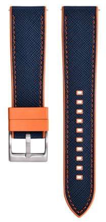 CHROONOO Saffiano Leder/Kautschuk Hybrid Performance Uhrenarmband | Blau/Orange - 22 mm - Schließe: Silber Gebürstet | Saffiano Leder, FKM-Kautschuk | Ersatz-Armband