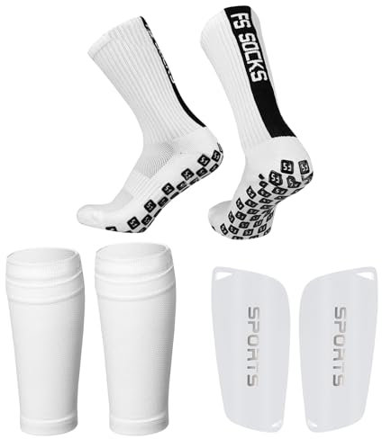 Zimoer 3-Teiliges Set Schienbeinschoner Fussball Mit Anti-Rutsch Ärmel Socken, Fussball Shin Guard und Stutzen Stutzenstrumpf, Outdoor Sport Laufsocken, Anti-Rutsch Socken mit Griffen (Weiß)