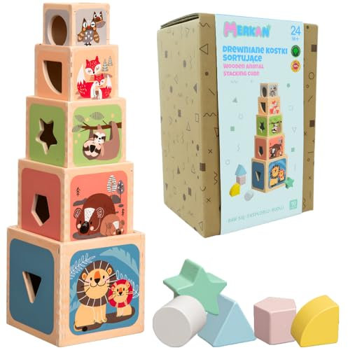 MERKAN, Holz Stapelturm für Kinder, 10 Teile - Figuren und Tiere, 10 Holzwürfel in verschiedenen Größen, für Kinder Turm zum Stapeln von Kinderspielzeug