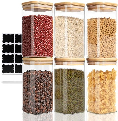 FoiiLiio 750ML Vorratsdosen Glas 6er Set Vorratsgläser mit Deckel Eckig Vorratsglas mit Holzdeckel Luftdicht Vorratsbehälter Set Glas Aufbewahrungsgläser Küche für Gewürze, Nuss, Körner