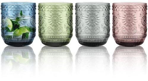 LOITTAINUE Set di bicchieri colorati – Set di 4 bicchieri da 360 ml colorati con design moderno a forma di fiore in rilievo, lavabili in lavastoviglie, per acqua, bevande, succhi di frutta, feste